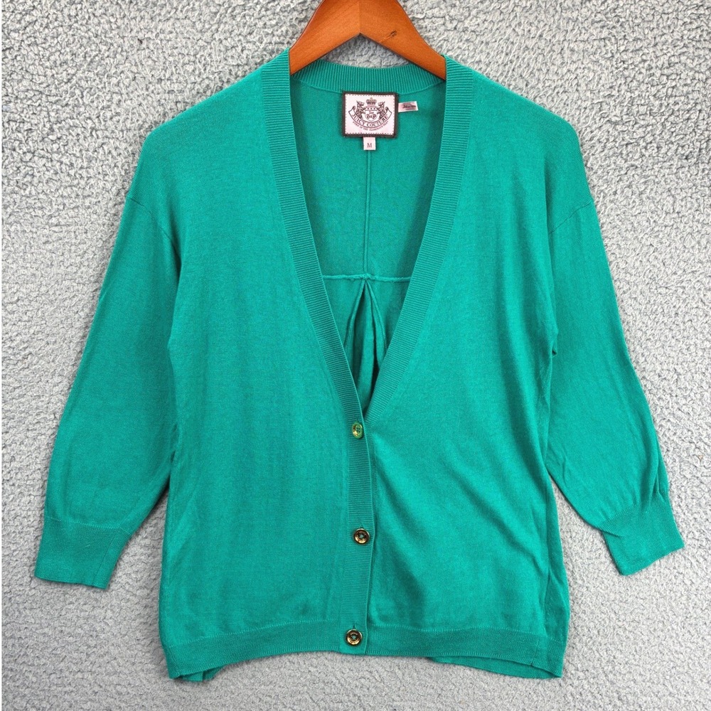Juicy Couture Cardigan Sweater Womens M Green V-Neck Button Up Knit Preppy